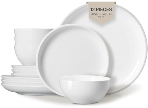 ONEMORE Dinner Set for 4, 12 Pieces Ceramic Plates and Bowls Set, Porcelain Dinnerware Set - Microwave & Dishwasher Safe - White