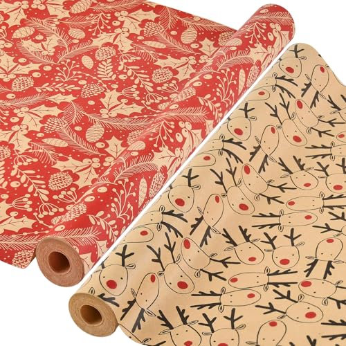 AhfuLife 2 Rouleau Kraft Papier Cadeau de Noël, 43cm×15m Recyclable Papier d'Emballage avec Motifs Fins pour Enfant Emballage des Cadeaux, Décoration de Noël (K: Elan/Sapin de Pin)