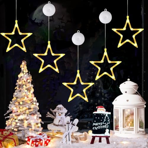 LED Sterne Weihnachtsbeleuchtung, Weihnachtsdeko Fenster 5 Stück Fensterbeleuchtung Lichtervorhang Warmweiß Batteriebetriebene mit Saugnäpfe, Timer, Fenster Lichterkette Innen für Weihnachten Deko