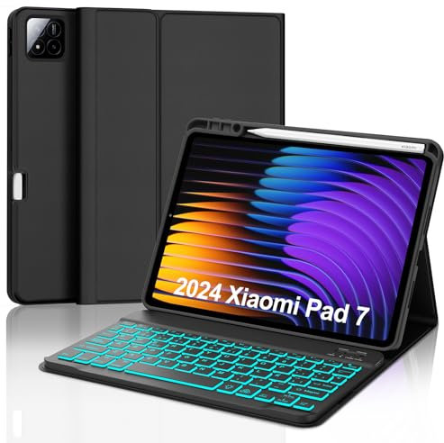 SENGBIRCH Funda con Teclado para Xiaomi Pad 7/7 Pro 11.2, Teclado para Xiaomi Pad 7 2024, Teclado Retroilluminata Inalámbrico Desmontable Español Ñ para Xiaomi Pad 7/7 Pro 11.2 Pulgadas 2024, Negro