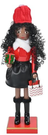Holiday Shopping Lady Nutcrackers with Curly Hair Figurine Wood Christmas Puppet Figure Ornament Tabletop Shelf Decors
