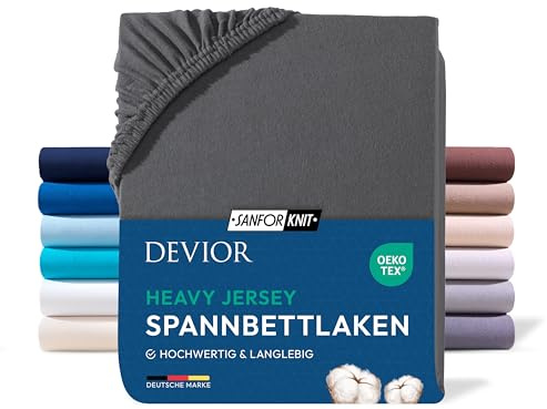 Devior Heavy Jersey Topper Spannbettlaken 140x200cm - 160x200cm, 100% Baumwolle, Matratzenhöhe bis 10cm, Anthrazit – 160 g/m² Anti-Statisches atmungsaktives Bettlaken mit Einlaufschutz, Matratzenbezug