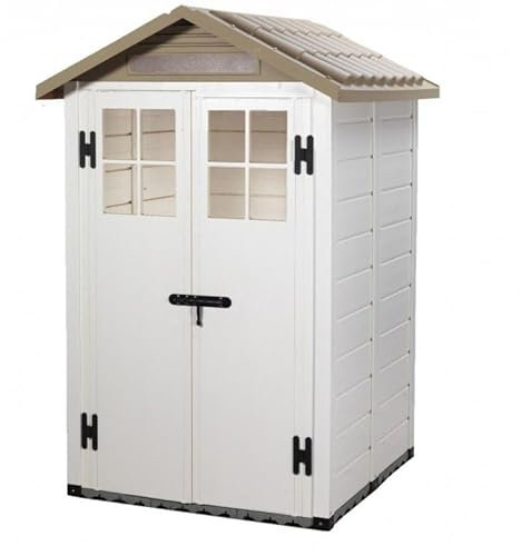 Casetta da Giardino in Resina Tuscany Evo 120 con 2 Porte centrali, Pavimentazione Inclusa, Colore Beige, 137x144x214h cm