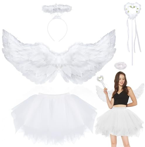 Powmag Disfraz de ángel de Halloween para mujer, 4 piezas, alas de ángel de 80 cm, falda de tul con halo y varita mágica, falda de tutú, alas de á-ngel y diablo para Halloween