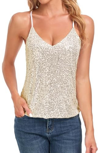MINTLIMIT Damen Pailletten Oberteil Ärmellos Glitzer Shirt V-Ausschnitt Camisole Bluse Party Cocktail Oberteile, Gold