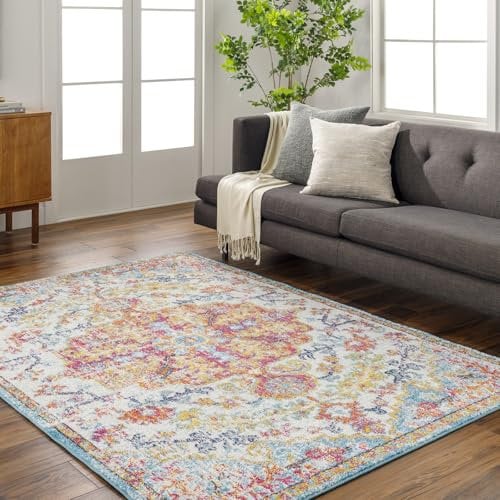 Livabliss Asmara Vintage Rug - Area Rugs Living Room 200x275 cm, Dining Floor, Kitchen, Traditional Multicoloured Boho Style, Easy Care Pile, Bohemian Large Rug, Red, Orange, Teal, Beige