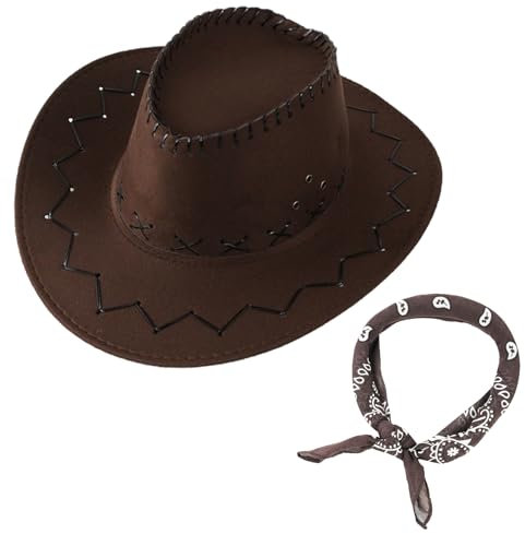 Cowboy Hat and Bandana Set for Women Men Womens Cowboy Hat Classic Western Cowgirl Hat Cowboy Hat Women with Belt Sun Hats with Wide Brim Vintage Style for Women Men (UK, Alpha, One Size, Coffee)