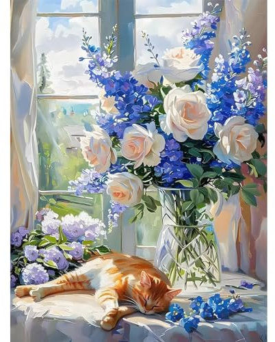 UNIQUORS Kit de peinture par numéros pour adultes Panda et fleurs Acrylique 40 x 50 cm Pour adultes et enfants - Enfants de 8 à 12 ans peinture par numéros (Le chat endormi)