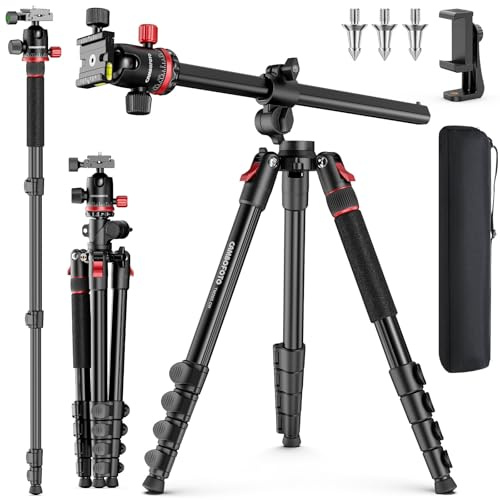 CAMBOFOTO 68 Camera Tripod, Horizontal Center Column, Detachable Monopod, Aluminum Travel Tripod with Phone Holder for Macro & Overhead Shooting, Spike Feet & Rubber Pads, 33lb Load Capacity