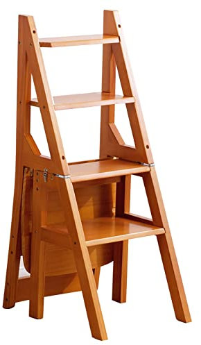 Escabeau pliable en bois massif pour bibliothèque - 4 marches - Double usage - Support pour fleurs - Marron - 46 x 35 x 90 cm