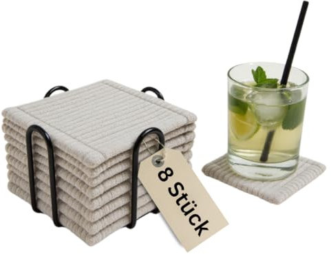 8er Set Glasuntersetzer Cord Stoff Beige – Alternative zu Filz Untersetzer, Korkuntersetzer & Schiefer Untersetzer – Waschbar, rutschfest mit Aufbewahrung – Geschenkidee Einweihung – Tischdeko