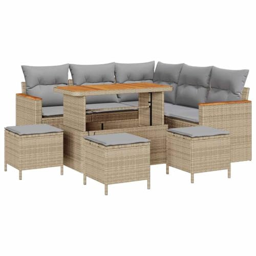 vidaXL Garten-Sofa-Set mit Kissen mit Speicher Beige Poly Rattan, Garten und Terrasse, modernes Rattansofa-Set, wetterfest, Akazienholz Möbel für Entspannung draußen