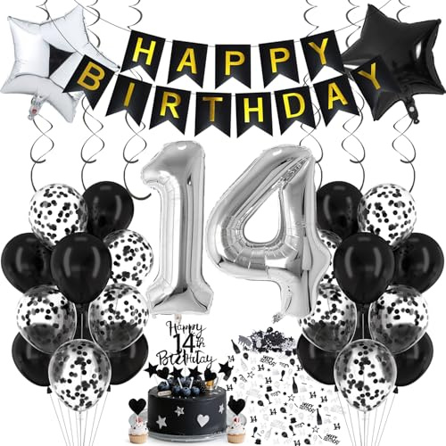 Cadimus Luftballon 14. Geburtstag Schwarz Silber, Deko 14. Geburtstag, Luftballon 14, Black and White Party Deko, Luftballons Schwarz Silber, Geburtstagsdeko für 14 Jahre Junge und Mädchen