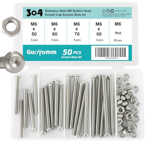 GuoYomm Set di viti M6, 50 pezzi di viti a testa bombata con esagono incassato e set di dadi, acciaio inossidabile 304 completamente filettato, set di bulloni meccanici in scatola combinata, lunghezze