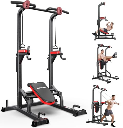 Pooboo Power Tower Dip Station Klimmzugstange für Fitness-Heimtraining, multifunktionales, höhenverstellbares Krafttrainingsgerät mit elastischen Seilen