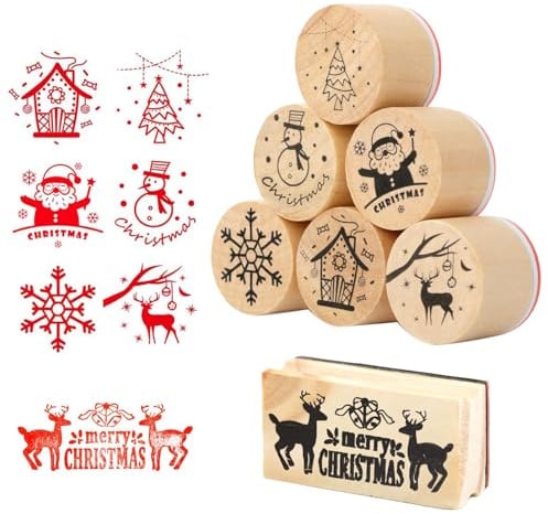 DifenzuSJ 7Pcs Weihnachten Stempel Holz Set Rund Holzstempelset Frohe Weihnachten Weihnachtsstempel Klein Motivstempel Kinder für Geschenkpapier Kartenbasteln Scrapbooking