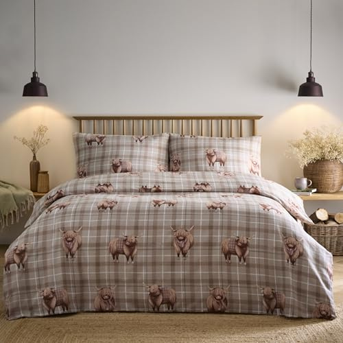 Portfolio Home Highland Cow Tartan Plaid Natural King Soft Easy Care Bed Linen Bedding Duvet Cover Quilt Set With Pillow Cases