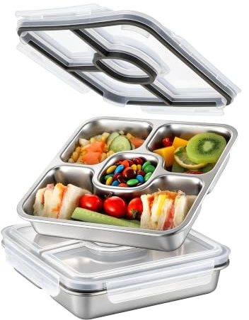 Misichao Stainless Steel Snack Box Lunch Box with 4 Compartments 800ml 2PCS | Metal Bento Container for Kids Adults, Meal Prep Metal Food Storage Container, Dishwasher Safe