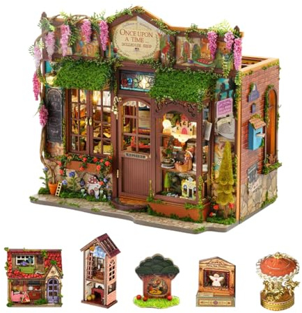 DIY Puppenhaus Miniatur Bausatz, Mini Märchenladen Puzzle Modell im Maßstab 1:24, Puppenhaus Ladenmöbel, Zubehör und LED-Beleuchtung, Kreativraum, Geburtstagsgeschenk für Jungen und Mädchen