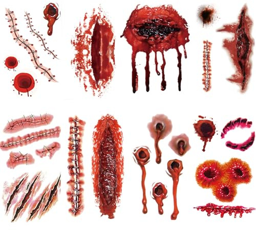 Solihigh 9 Sheets Halloween Fake Scar Tattoos for Women Men Adults - Realistic Blood Injury Cut Scratches Stitches Temporary Tattoos Sticker, Vampire Scary Face Halloween Zombie Makeup Kit Accessory