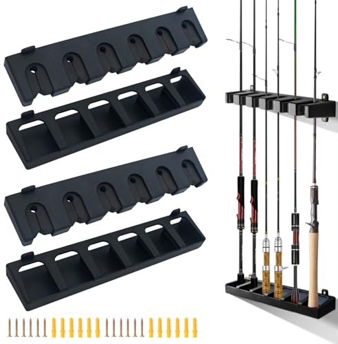 Sertay 2 Paires Porte Canne Mur Vertical, Mur Support Canne Pêche, Stockage 6 Tiges, Support Tige Mural Vertical, Porte Peche 6 Canne, Adapté pour Garage, Débarras, Cabine ou Abri de Jardin (Noir)