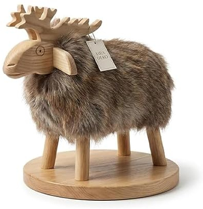 Elch Figur aus Holz mit echtem Rentierfell – Skandinavische Deko 36 cm | Handgefertigtes Unikat mit natürlichem Rentierfell, ideal als stilvolle skandinavische Deko für Wohnräume und Weihnachten.