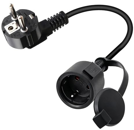 Rallonge Electrique 90 Degrés Extérieur, Coudé à 90° Type F, Indice de Protection IP44, avec Capuchon étanche, Prise Standard européenne adaptée à Une Utilisation intérieure et extérieure, 0.3M, Noir