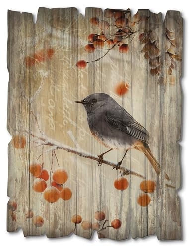 ARTLAND Wanddeko Bild aus Holz Holzbild vintage Deko 30x40 cm Natur Winter Herbst Deko Tiere Vogel Hausrotschwanz U5MW