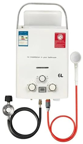 BAFEIYA Scaldabagno istantaneo a Gas propano GPL da 6 Litri, for Campeggio all'aperto, con Riscaldamento istantaneo, con soffione Doccia, for Auto, Camion e Tenda(White)