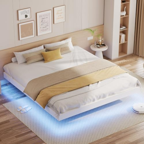 IRONCK Bettgestell 180x200 cm, Schwebender Bett mit LED Beleuchtung, Gepolsterte Seitenwände, 2 AC-Steckdosen, 1 USB-A-Anschluss, 1 USB-C-Anschluss, Metallbett mit Lattenrost Doppelbett, Weiß