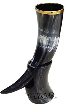 Viking Cup Chope en corne à boire authentique d'inspiration médiévale avec support rustique vintage Décoration d'intérieur Cadeau