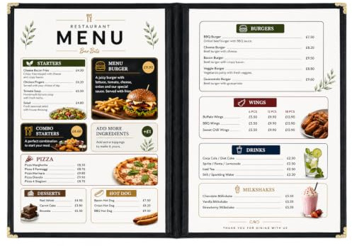 BarBits American Style A4 Menu Holder - 2 Page 4 Sides Facing Heavy Duty Display
