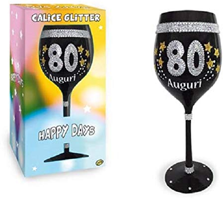 dor Calice Maxi 80 Anni in Vetro Nero con Stampa Glitter - Gadget Idea Regalo Festa 80° Compleanno