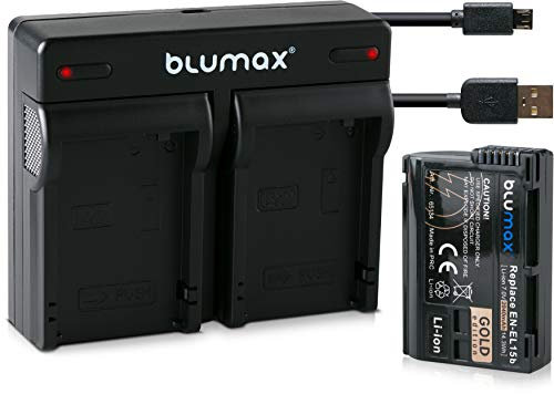 Blumax Gold Edition Akku Nikon EN-EL15b 2040mAh + Dual-Ladegerät Micro-USB | kompatibel mit Nikon Z6 MarkII und Z7 | 7,0V 14,3Wh