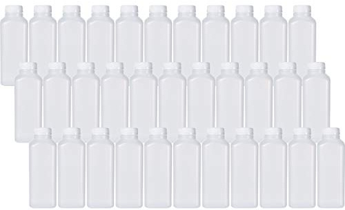 Lot de 33 bouteilles vides en plastique - 473 ml - Avec bouchons de sûreté - Idéales pour les jus de fruits, lait, smoothies, thé et autres boissons - Qualité alimentaire sans BPA