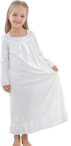 Flwydran Nightgowns for Girls, Long Vintage Soft Cotton Kid Sleepwear Nighties, Full Length Nightdress for Kids 3-12 Years White