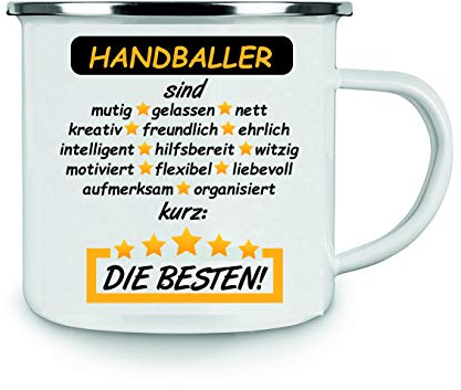 Crealuxe Emaille Tasse Handballer sind mutig, gelassen, nett, ... kurz: die besten - Kaffeetasse mit Motiv, Campingtasse, bedruckte Emailletasse mit Wunschtext