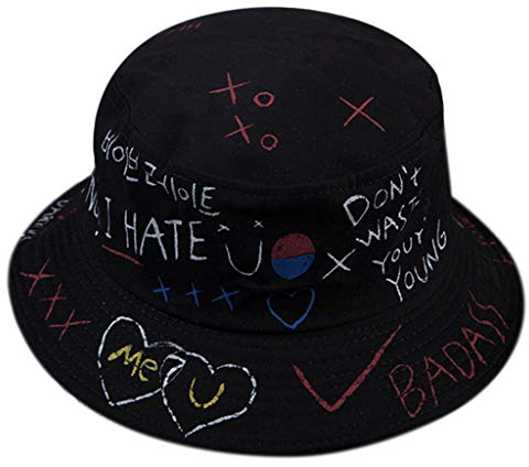 GUMEI Unisex Harajuku Eimer Hut Koreanische Buchstaben Graffiti Print Hip Hop Fisherman Cap