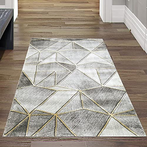 Teppich-Traum Design Wohnzimmer Teppich Läufer | pflegeleicht | modernes geometrisches Muster in grau Gold, Größe 60x110 cm