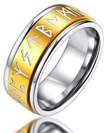 FaithHeart goldener Spinnerring Fingerring mit Rune Symbol Damen Herren Viking Retro Rune Fingerring Hip pop drehbarer Meditationsring für Paar Pärchen