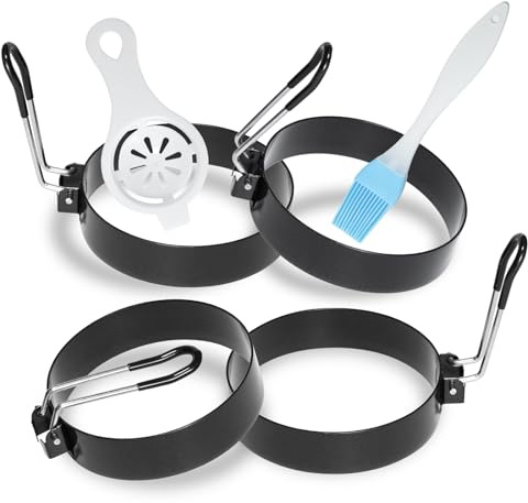 Stainless Steel Egg Rings for Frying Eggs(4 Pack) - 3.5 Round Non Stick Griddle Rings with Oil Brush, Egg Sandwich/Pancake/Cooking Molds, Breakfast Maker Accessories & Egg Separator