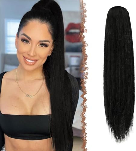 FESHFEN Pferdeschwanz Extensions mit Kordelzug Lang Gerade Zopf Haarteil Glatt Haarverlängerungen Synthetik Drawstring Ponytail Extension für Damen 70 cm Natürliches Schwarz