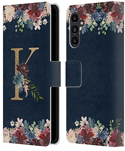 Head Case Designs Offizielle Nature Magick Letter K Blumiger Monogramm Gold Navy Leder-Wallet-Hülle Kompatibel mit Samsung Galaxy A13 5G (2021)