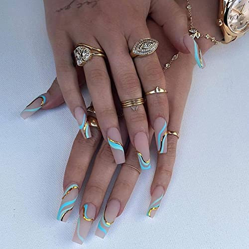 BSLVWG Long False Nails Gold Foil Press On Ballerina Acrylic Stick On 24pcs for Women and Girls (08) (B)