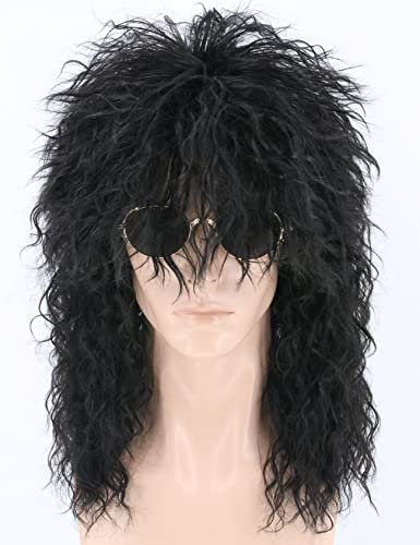 LeMarnia 70er/80er Rocker Vokuhila Perücke Schwarz lang lockig Unisex Erwachsene Perücke Halloween Cosplay Kostüm Perücke