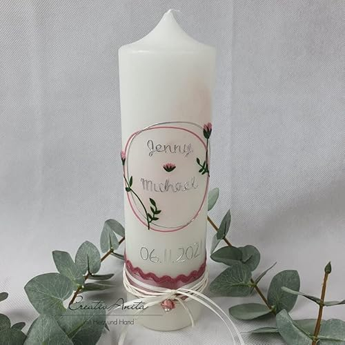 Hochzeitskerze Weiß, mit Wachskreis und Blumen in Altrosa, inkl. Aufbewahrungsbox