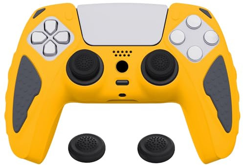 PlayVital Funda de Silicona para ps5 Mando - Carcasa de Goma Antideslizante con Tapas para Joysticks, Protector Tacto Suave, Accesorio para ps5 - Edición Knight (Atención Amarillo & Gris Grafito)