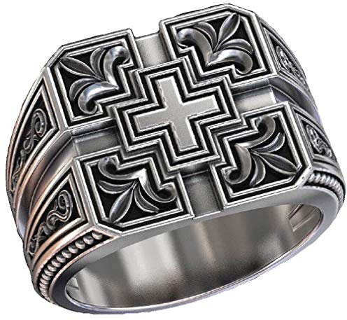 Kreuzring für Männer, christlicher religiöser Ring, Vintage geschnitzte Bandringe, Retro-Kreuztotemring, gotischer Kreuzamulettring, Punkkreuz-Siegelring, Taufe Christlicher Schmuck (18.9, Silber)