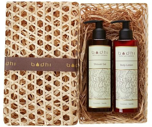 Bodhi® Naturkosmetik Geschenkset KOKOSNUSS UND VANILLE 2 x 250ml - beinhaltet Körpermilch und Duschgel, verpackt in schöner Handgemachter Pandan Box für Damen/Bio & Vegan