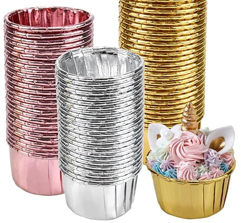 Xzeemo 150 Stück muffinförmchen papier, Cupcake Backförmchen aus Aluminiumfolie, Muffin-Einlagen Folie, Einweg-Backbecher, für Geburtstage Hochzeiten Partys Dessert Deko (Gold, Silber, Roségold)